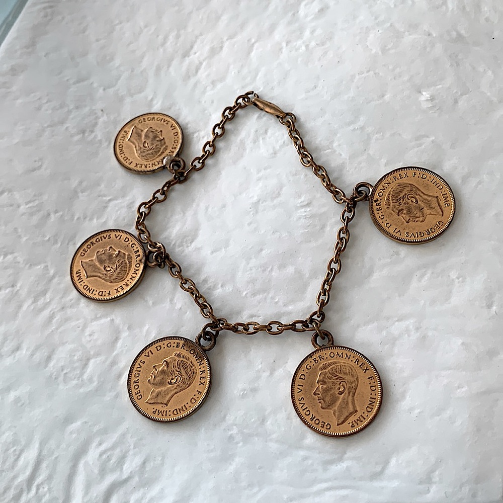 George vi coin/finch farthing bracelet Rare coins not drilled condition